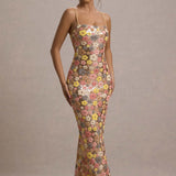 Daria – Elegantes Maxikleid mit Blumenmuster & glitzernden Pailletten